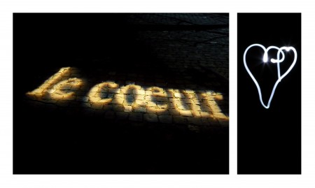 diptyque avec une image représentant le mot coeur photographié de nuit sur des pavés et l'autre un coeur en lightpainting